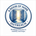 Logo for A Door of Hope Outreach showing open double doors with a bright glow and winding path leading outward, text around the circle reading 'A DOOR OF HOPE OUTREACH' and the tagline 'Building pathways to stability and hope' below.