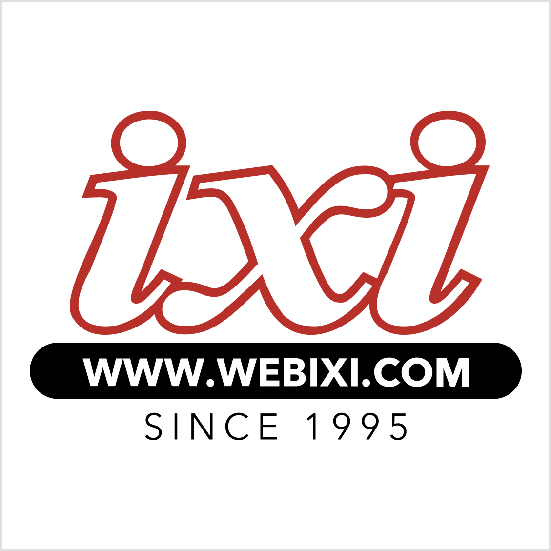 Brand logo for Webixi: red stylized 'ixi' above a black rounded banner reading 'WWW.WEBIXI.COM' with 'SINCE 1995' beneath.
